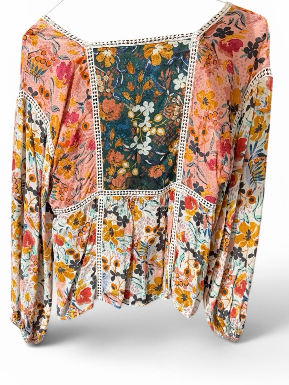 Anthropologie Maeve Floral Patchwork Peasant Blouse in Pink, Green, Yellow - Picture 3 of 13